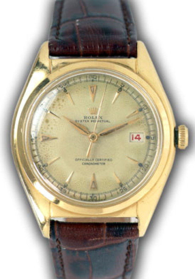 Rolex 5030 Yellow Gold on Strap, Smooth Bezel White with Gold Index